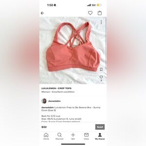 SOLD - Lululemon Free to Be Serene Bra - Sunny
Coral, Size 6 (fits like 4)